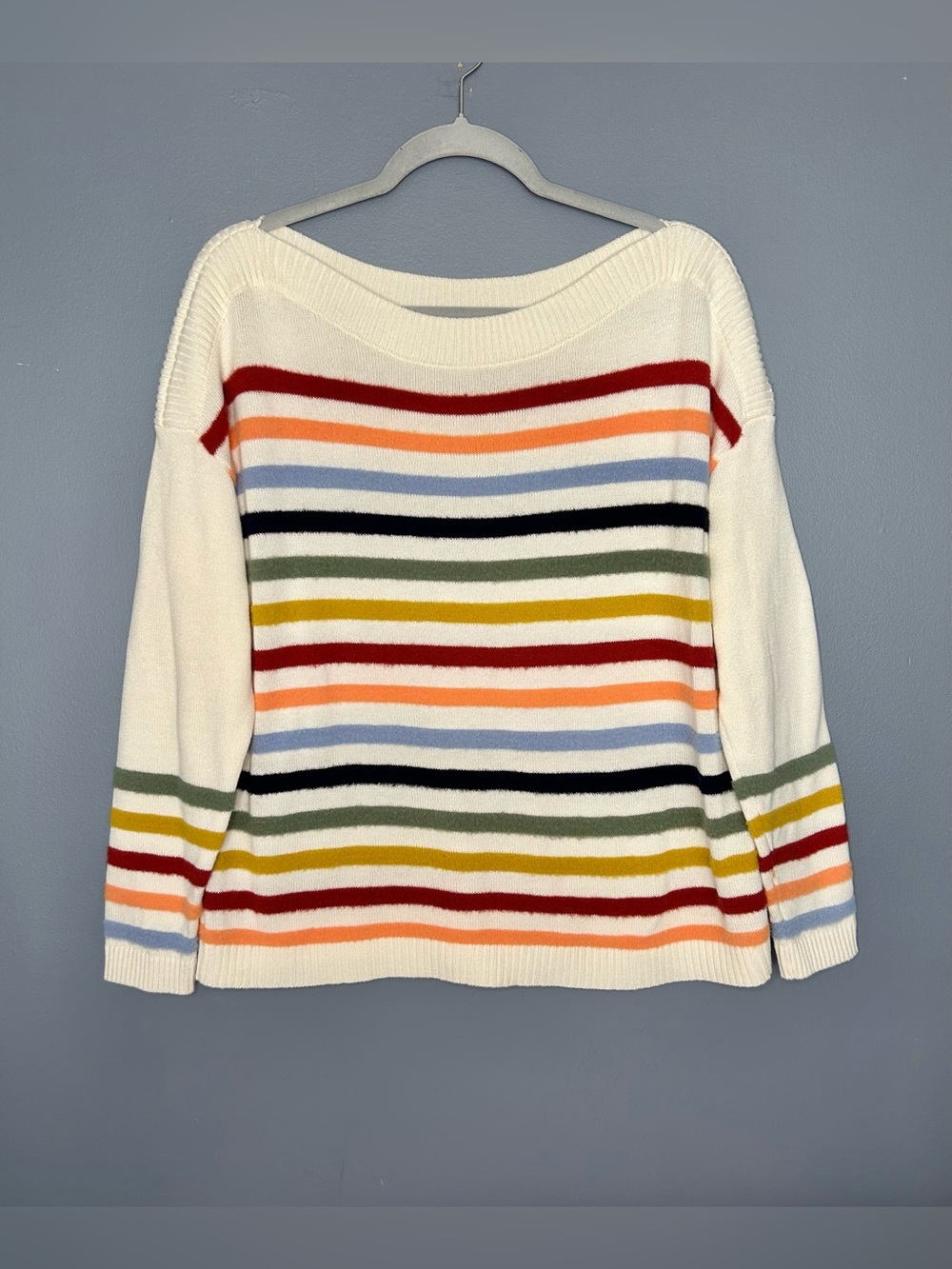 LOFT Sweater Womens M White Multicolor Stripe Boat Neck Soft 3D Knit Pullover